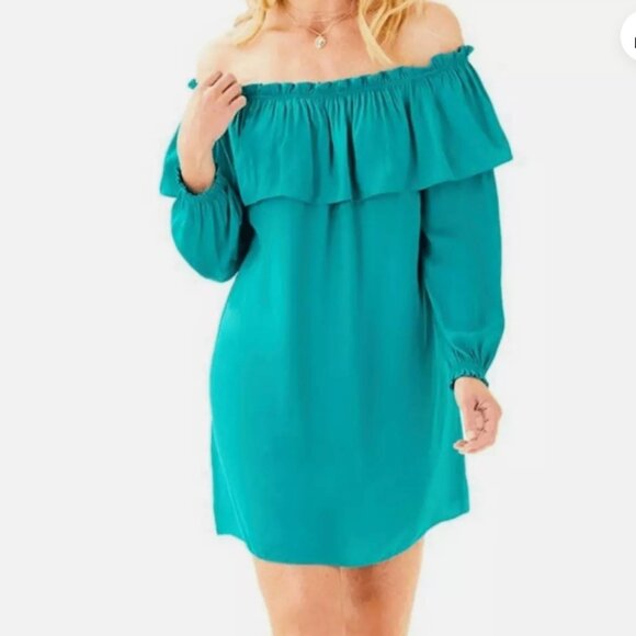 Lilly Pulitzer Dee Dee Mini Dress Sz XL Malachite Teal Blue Off Shoulder Ruffle - Picture 1 of 7
